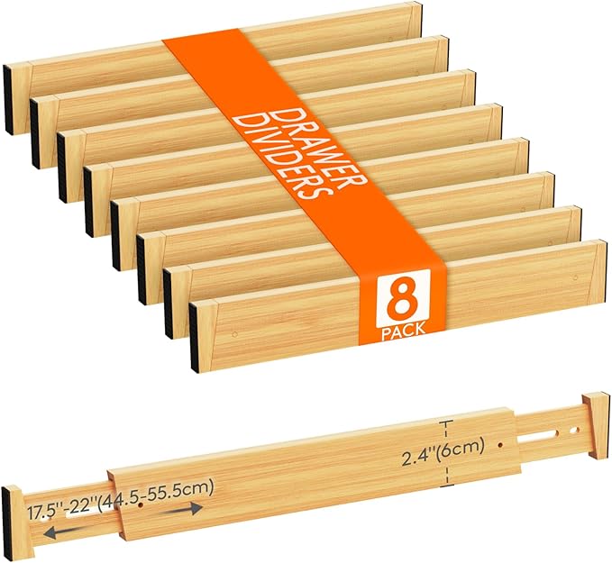 Lifewit 2.4" High 8 Pack Bamboo Drawer Dividers 45-55cm/17.5-22" Adjustable Wooden Drawer Organizer for Clothes/Utensils, Exp