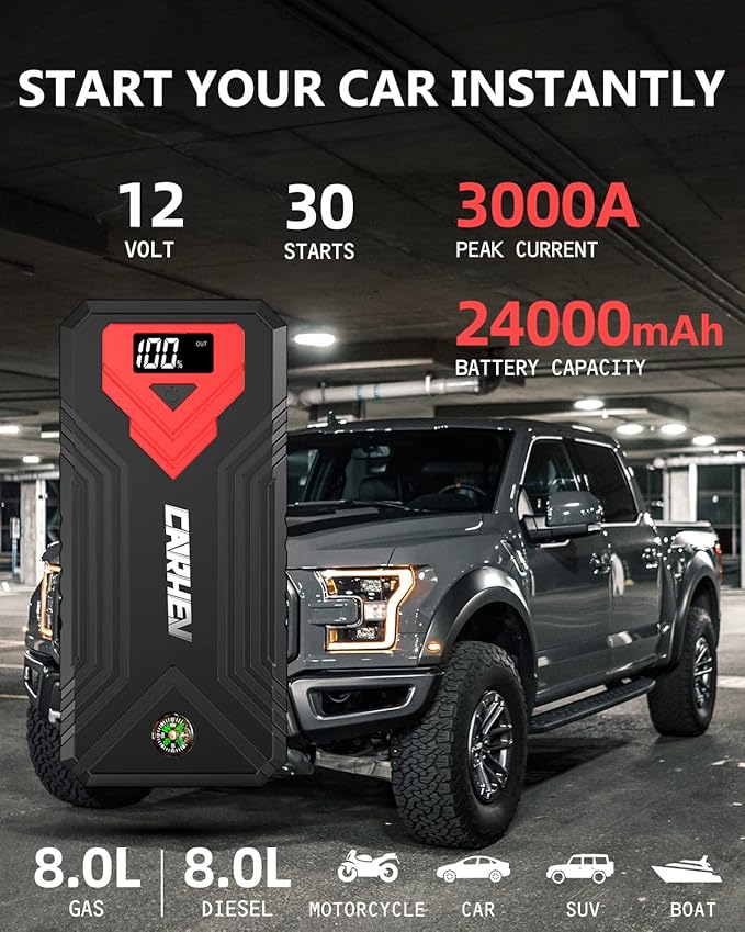 3000A Jump Starter, 24000mAh Car Battery Jump Starter (up to 8.0L Gas and 8.0L Diesel Engine) Battery Jumper Starter