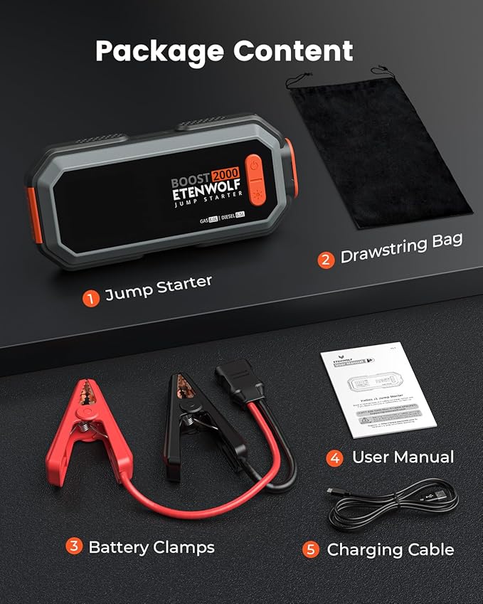 Car Battery Jump Starter Portable, 2000A Peak Jump Box- 12V Car Jump Starter for up to 8.0L Gas and 6.5L Diesel Engines,