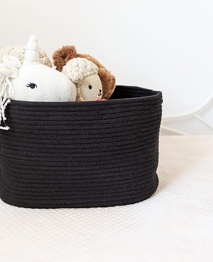 OrganiHaus Cotton Rope Basket for Shelf - Woven Storage Basket for Organizing, Closet & Toy Storage - Black - 15x9x10