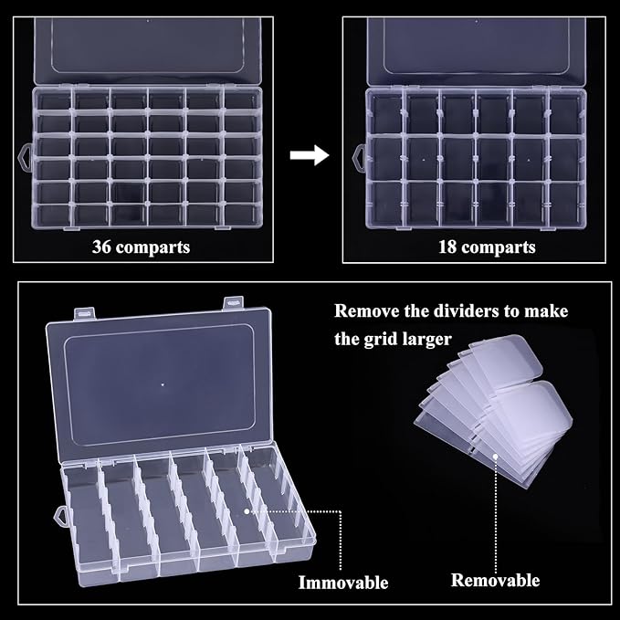 OUTUXED 4 Pack 36 Grids Plastic Bead Organizer Box with Dividers, Clear Craft Tackle Box Parts Storage Containers with Compar