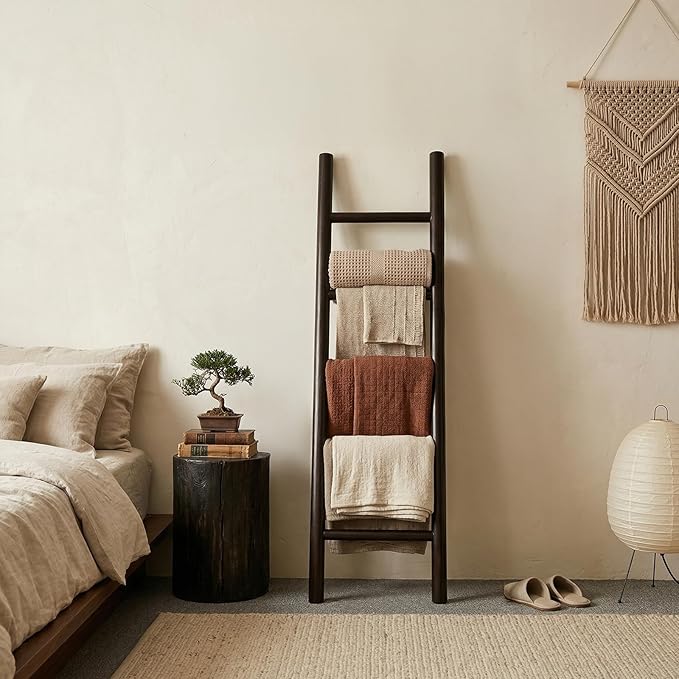 Wooden Blanket Ladder - 57in Natural & Motley Wood - Leaning Wall Decor for Bedroom, Bathroom, Living Room - Rustic Quilt Hol