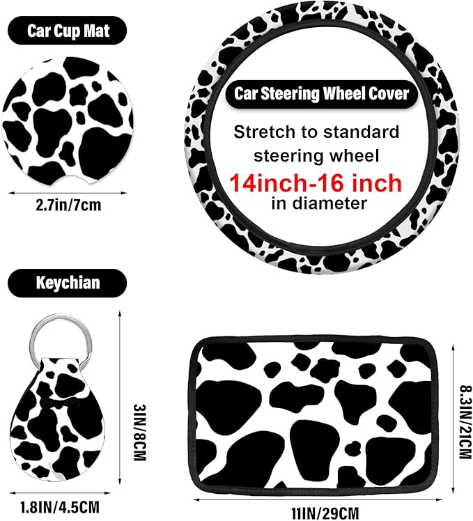 10 Pieces Cow Car Steering Wheel Cover Center Console Armrest Pad Headrest Seat Belt Cover Handbrake Cover Keychain Coaster Full Set Car SUV(Cow)
