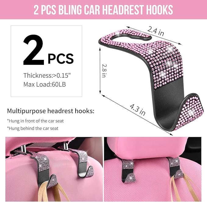 CAR PASS 11 PCS Bling Diamond Car Accessories Set for Women, Sparkly Rhinestone Steering Wheel Cover, Bling Seat Belt Cushion