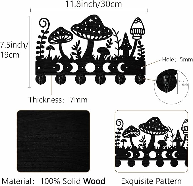 Mushroom Key Holder Black Key Holder Wall Mount 11.8 x 7.5 Inch Moon Phases Grass Wooden Keychain Hanger Organizer Rack with 
