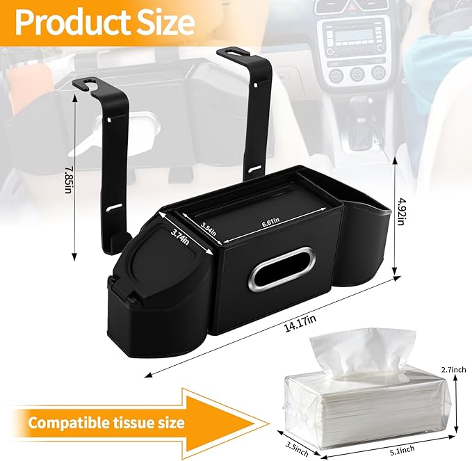 7-In-1 Multifunctional Car Seat Back Organizer with Cup Holders, Tissue Box, Garbage Can & Hooks, Headrest Storage & Cup Holder for Backseat (Black)