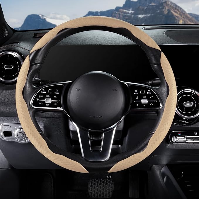 Car Steering Wheel Cover Leather Snap On 3Pcs Set Non-Slip Protector Wrap Steering Wheel Accessories 14.5-15 inch Universal B