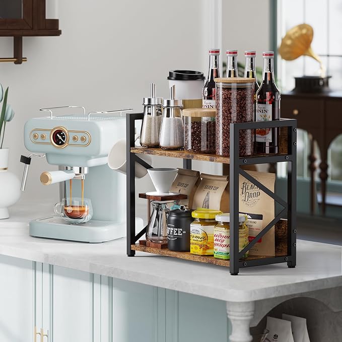 RUILALIFE Coffee-Bar-Station-Organizer Shelf for Countertop, 2 Tiers Kitchen Counter Shelf Riser, Wooden Spice Rack Organizer