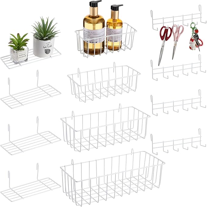 Yaocom 12 Pcs Wall Grid Hanging Basket Shelf Hooks Set bulk Grid Wall Accessories Includes 4 Basket 4 Wire Straight Shelf and