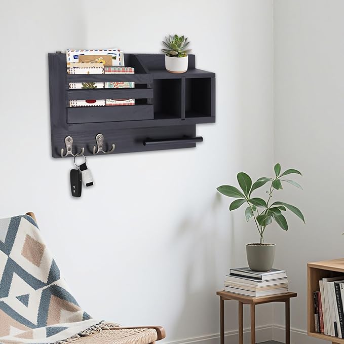 Key and Mail Holder Wall Mount, Wooden Entryway Organizer with 2 Hooks & Shelf, Compact Key Rack for Wall with Mail Organizer