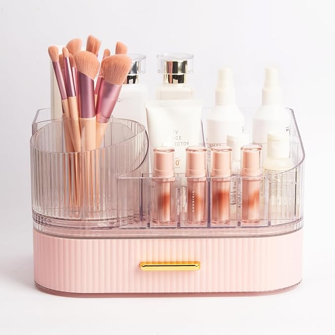 360° Rotating Makeup Organizer with Drawer, Clear Acrylic Cosmetic Storage Display, Stackable Beauty Counter (Pink, Large (Tr