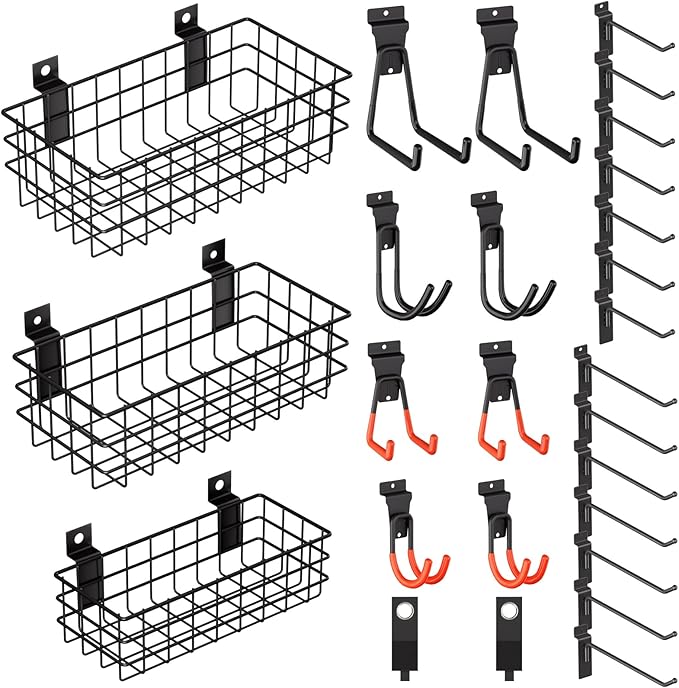 INCLY 27PCS Slatwall Accessories Kit, Includes 3 Pack Ventilated Metal Wire Slat Wall Baskets, Multisized Heavy Duty Slatwall