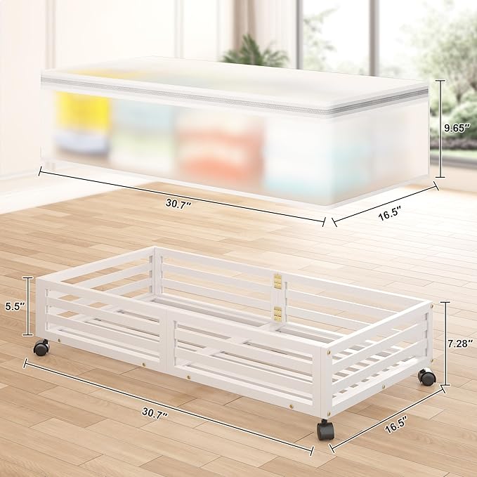 Bamboo Under Bed Storage Containers- Underbed Organizer with Wheels with Large Capacity Dust Bag,Sturdy Wood Rolling Under Be