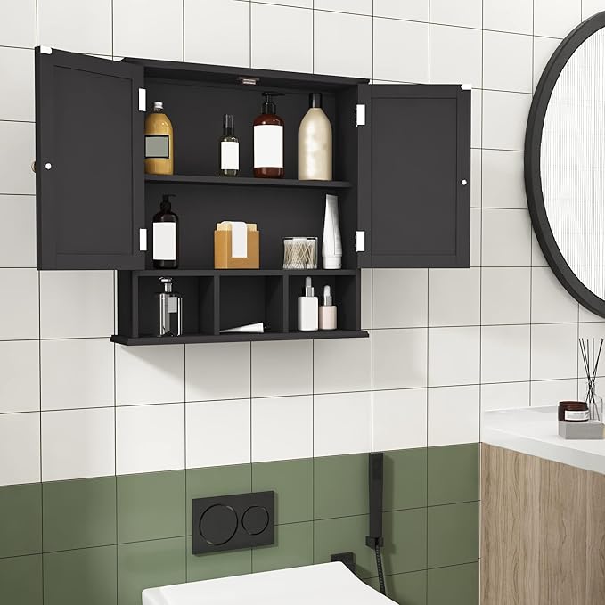 ChooChoo Bathroom Cabinet Wall Mounted 2-Door with 3 Open Shelves， Wooden Medicine Cabinets with Adjustable Shelf，Space Saver