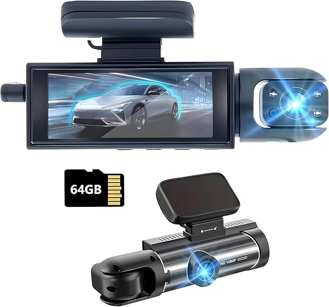 Dash Cam Front and Inside,Dashcams for Cars with 64G Card Traffic Recorder IR Night Vision Loop Recording G-Sensor 24Hr Parki