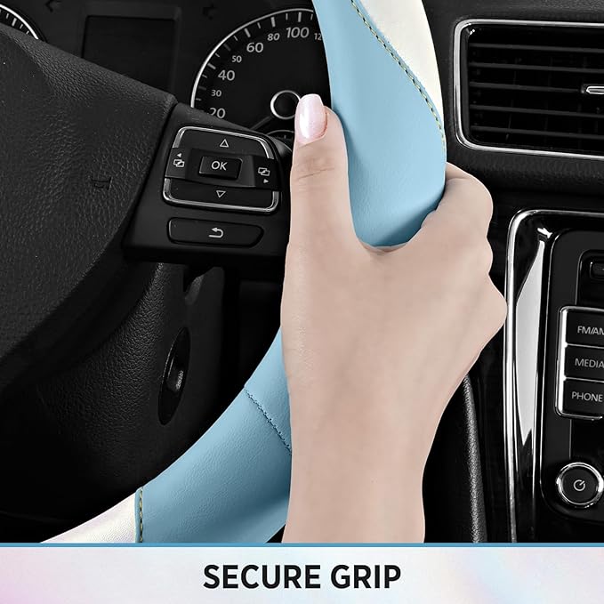 Road Comforts Steering Wheel Cover – Breathable Leather Steering Wheel Cover, Anti-Slip Grip, Universal Fit 14.5” to 15”, Hea