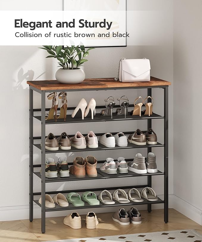 HOOBRO Shoe Rack for Entryway, 5-Tier Shoe Organizer with Adjustable Mesh Shelves, 16-20 Pairs of Shoes, Spacious Floor Mount