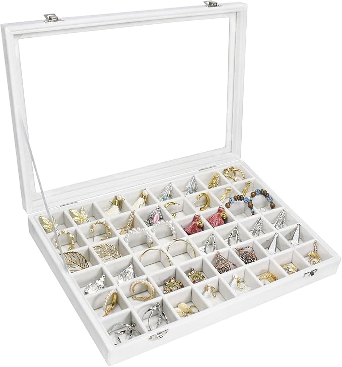 Siveit Velvet Jewelry Tray 48 Grid Jewelry Display Tray Organizer Box with Transparent Lid Rings Earrings Necklaces Pendants 