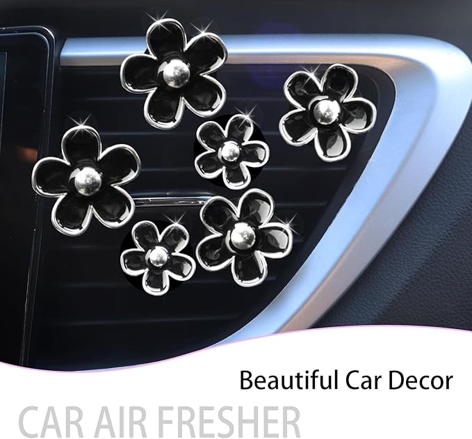 6pcs Flower Car Air Freshener Vent Clips,Girly Daisy Car Accessorie for Women,3 Sizes Sparkle Black Silver Flowers Vent Clips