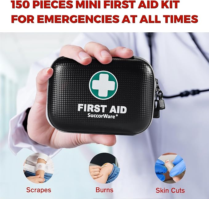 150 Pieces Mini First Aid Kit - Small Medical Kit with Hard Shell - Emergency First Aid Kit for Car, Travel, Home, Outdoor, O
