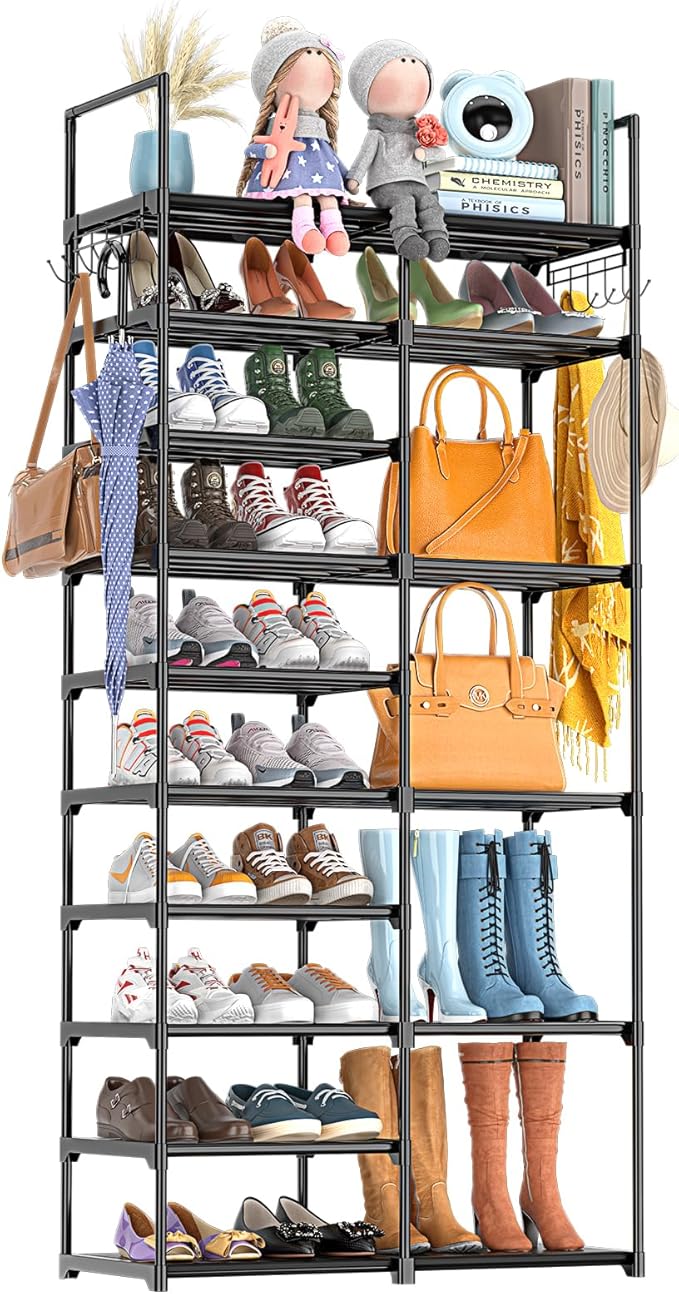 Kottwca 2 Row 10 Tier Tall Shoe Rack Organizer for Closet Entryway, 40-45 Pair Shoe Boot Storage Rack, Metal Shoe Shelf Small