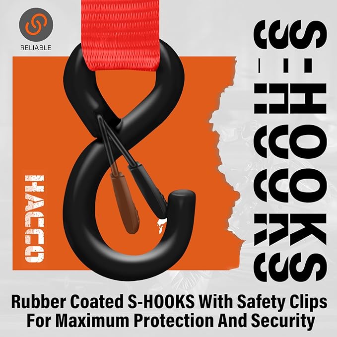 Ratchet Tie Down Straps, 2340lb Break Strength, 4pc 1inch x 16FT Ratchet Strap Set with Padded Handles & Coated S Hook W/Safety Clip, Cargo Strap Tie-Down for Motorcycle, Truck (Red)