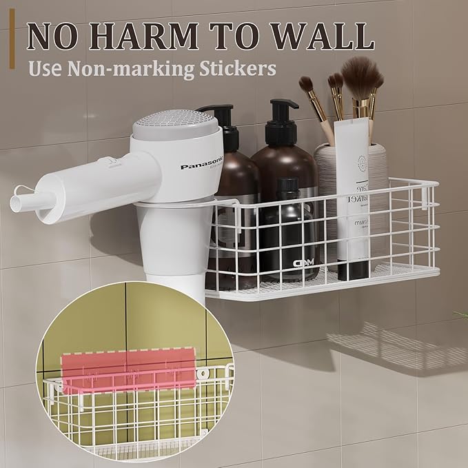 Wall-Mounted Hair Dryer Holder Styling Tool Organizer 4-Shelf Storage Wire Basket with Hook Heat Safe Rack for Hair-Straighte