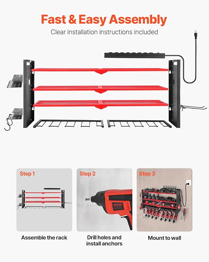 VEVOR Power Tool Organizer with Charging Station, 4-Layer Drill Storage Rack with 8 Drill Holders & Side Pegboard, Garage Too