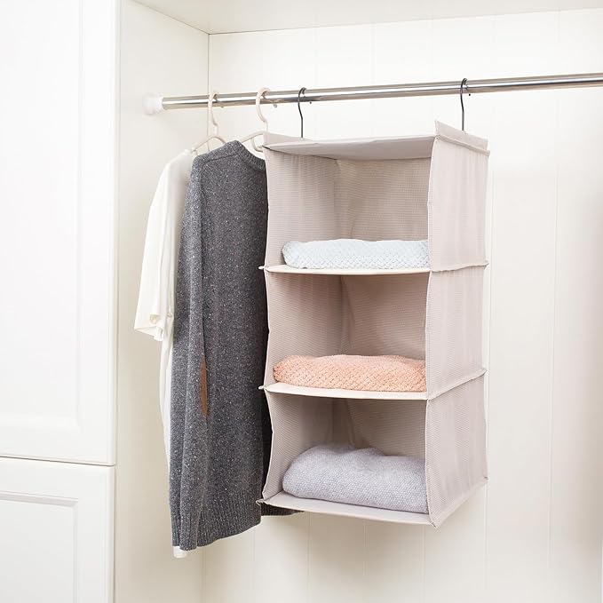 Hanging Closet Organizer, Easy Mount Foldable 3-Shelf Hanging Closet Wardrobe Storage Shelves, Clothes Handbag Shoes Accessor
