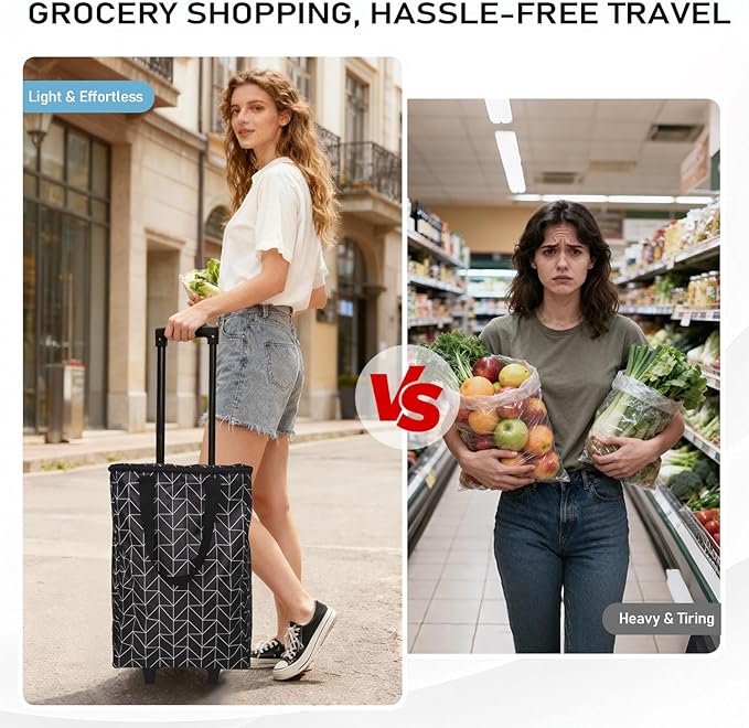 Small Shopping Cart with Wheels, Rolling Shopping Bag, Collapsible Grocery Cart, Portable Foldable Shopping Trolley Pull Handle, Small Folding Trolley Cart, Rolling Tote for Travel, Camping (Black)