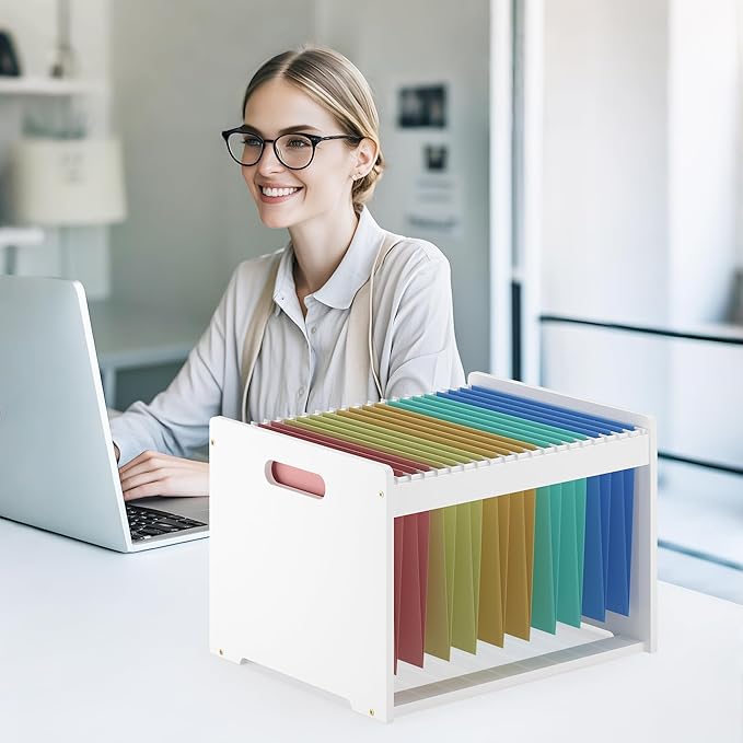 Hanging File Organizer Box for Letter Size, Bamboo File Folder Organizer, Storage Moving Boxes with Handle Wood Desk Filing B