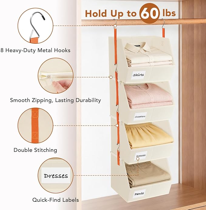 4 Pcs Modular Closet Organizer - Detachable & Foldable Hanging Storage Cubes, 88L Total Capacity, Heavy Duty Fabric Shelves f