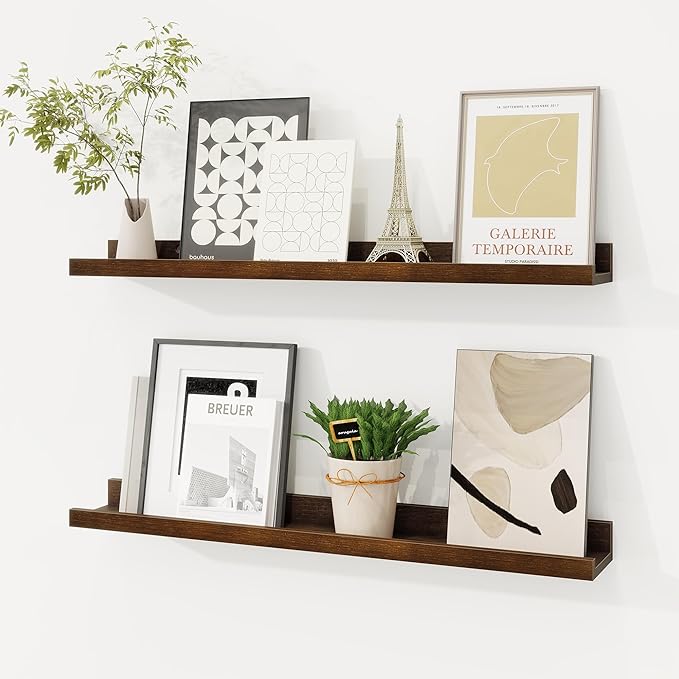 Picture Ledge Shelf, Solid Pine Wood Floating Shelves Set of 2, 24 Inches Nursery Book Shelves for Toys Storage, Kids Bookshe