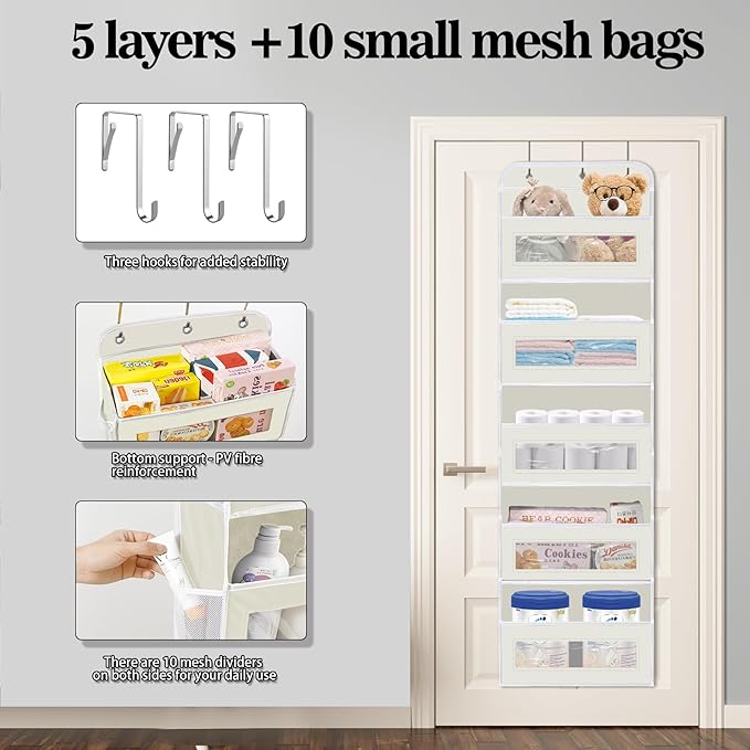 KYEVIS Over The Door Organizer, 5 Shelves Closet Door Hanging Organizer with 10 Mesh Pockets, Nursery Closet Organizer, Baby 