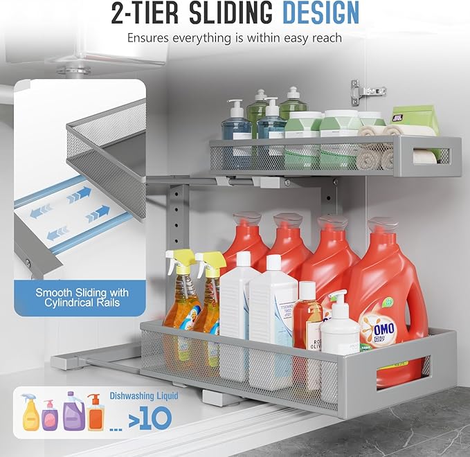 1 Pack-11.4"-16.14" H Under Sink Storage Organizer, Large 2-Tier Elegant Mesh Pull Out Shelf for Kitchen & Bathroom Cabinet O
