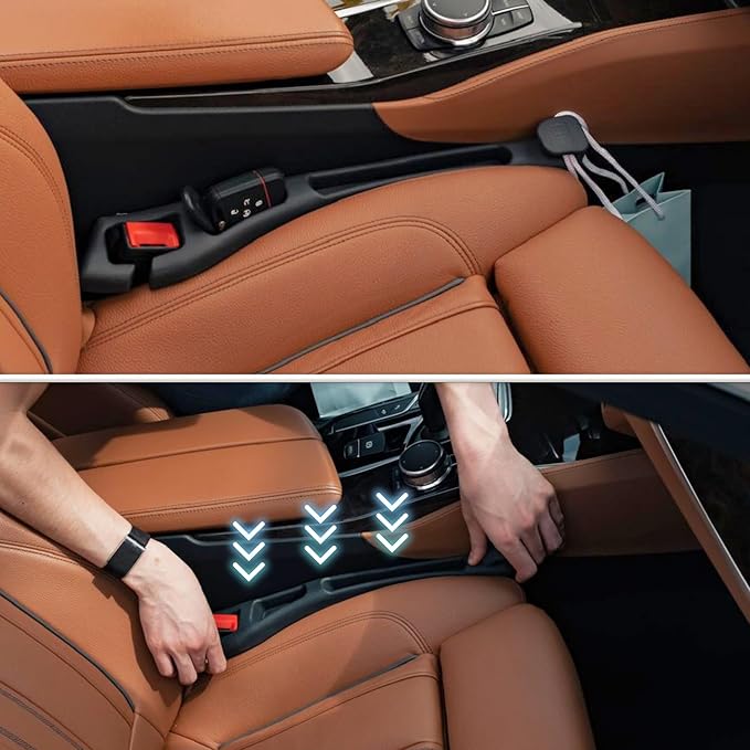 Car Seat Gap Filler and Organizer with Integrated Hook (Set of 2) – Blocks Lost Items, Holds Phone, Keys and Wallet – Universal Fit for Cars, SUVs and Trucks