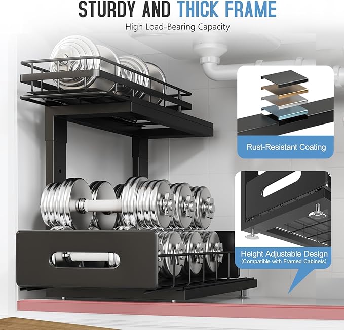 Under Sink Organizer Upgrade To Professional Rails,2-Tier Dual Pull Out Cabinet Storage,Height Adjustable Slide Out Drawers F