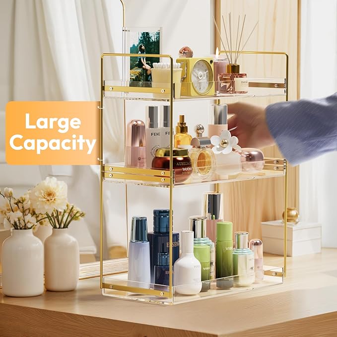 Bathroom Countertop Organizer, 3 Tier Acrylic Tray Vanity Counter Skincare Organizer Shelf, Kitchen Under Sink Standing Rack,