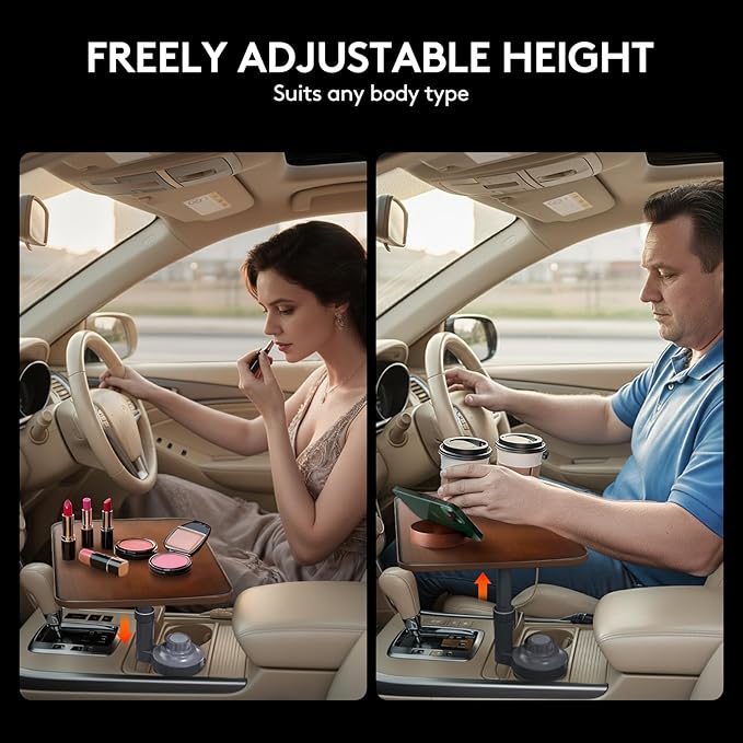 Car Tray Table & Car Laptop Desk, Height-Adjustable 360° Rotating Wood Car Laptop Mount, Steering Wheel Tray, Cup Holder Table,Compatible with Tesla & Most Vehicles Walnut