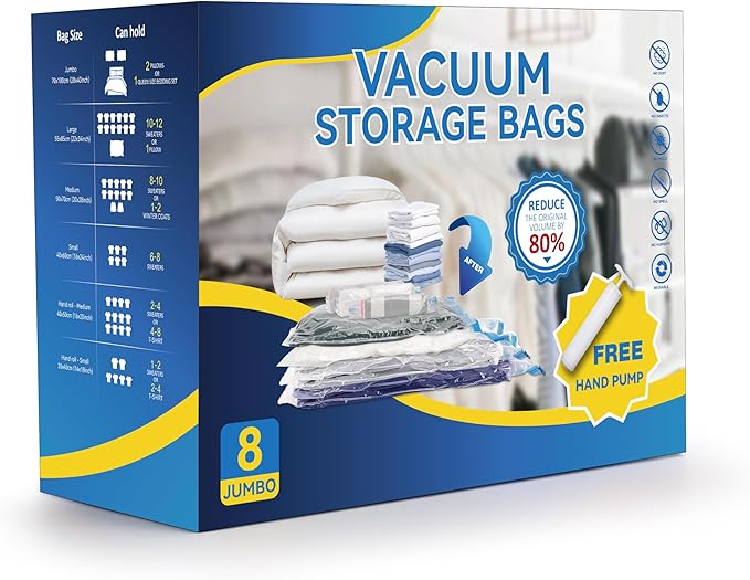 8 Jumbo Vacuum Storage Bags, Space Saver Bags, Vacuum Seal Bags with Hand Pump for Comforters, Blankets, Bedding, Pillows and