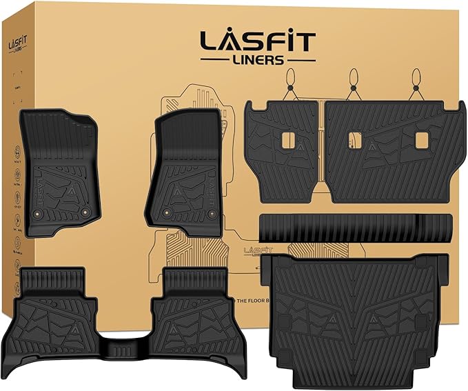 LASFIT Floor Mats for Jeep Wrangler Unlimited 4XE 2021-2025 4 Door with Subwoofer, Plug-in Hybrid EV-Gas (PHEV), All Weather Car Mats Floor Liners Cargo Liner Seatback Cargo Mat Black
