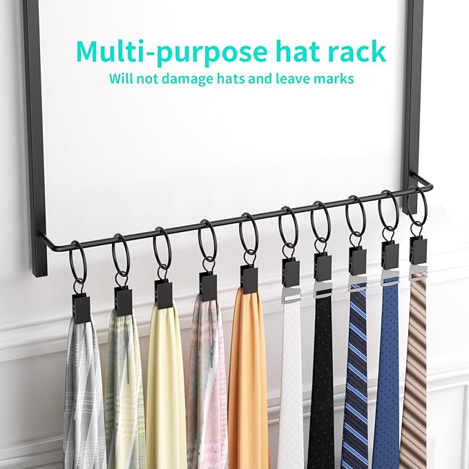 HapiRm Over Door Hat Rack - 3 Tier Wall Mounted Hat Organizer with 16 Hooks and 10 Movable Clips, Baseball Cap Organizer Stor