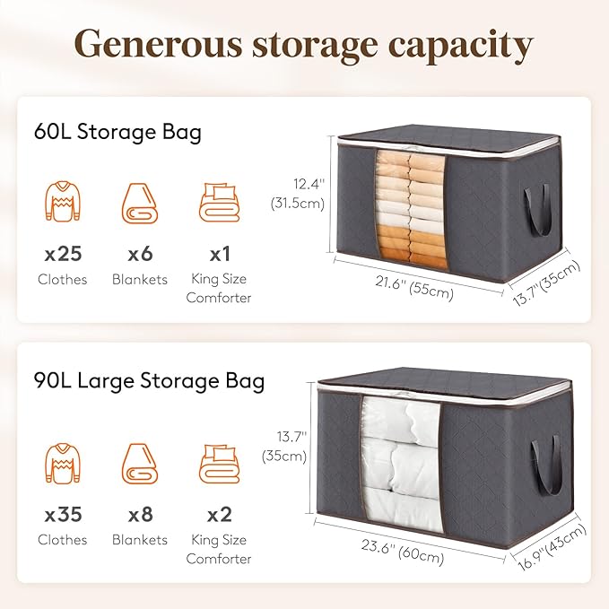 Lifewit 24 Pack 60L Clothes Storage Bins with Lids, Foldable Blanket Storage Bags with Zippers, Clear Window and Reinforced H