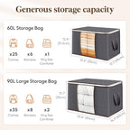 Lifewit 24 Pack 60L Clothes Storage Bins with Lids, Foldable Blanket Storage Bags with Zippers, Clear Window and Reinforced H