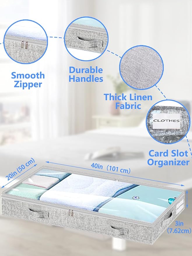 Low Profile Under Bed Storage, 3-Inch High Foldable Underbed Storage Bins with Lid & Zipper, No Structure, Super Slim Clothes