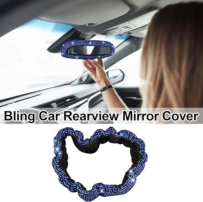Bling Car Rearview Mirror Cover with Crystal Rhinestones Women's Full Drill Head Pillow Cover Interior Accessories - Universal Fit, Blue