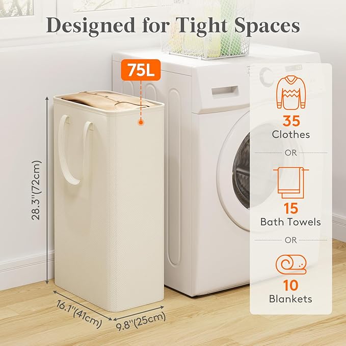 Lifewit 75L Slim Laundry Hamper, Narrow Small Laundry Basket with Handle for Dirty Clothes, Collapsible Tall Thin Laundry Bin