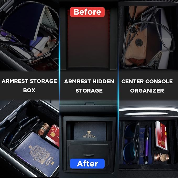 Nestour Upgraded 4PCS Flocked Center Console Organizer Tray Accessories Fit For 2021 2022 2023 Tesla Model 3 Model Y, Armrest Hidden Storage Box, Center Console Wrap Cover Kit.