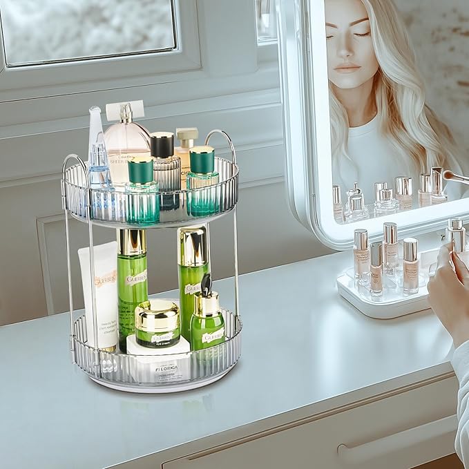 360 Rotating Makeup Organizer, 2 Tier Lazy Susan Bathroom Counter Organizer, Skincare Organizers, Spinning Perfume Organizer 