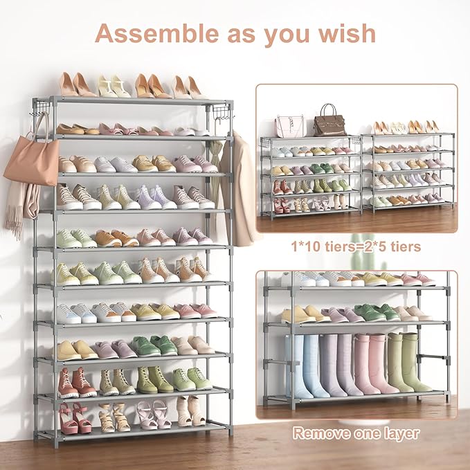 LANTEFUL 10 Tiers Shoe Rack 50 Pairs Large Capacity Tall Shoe Organizer Sturdy Shoe Storage with Two Hooks Space Saving Metal